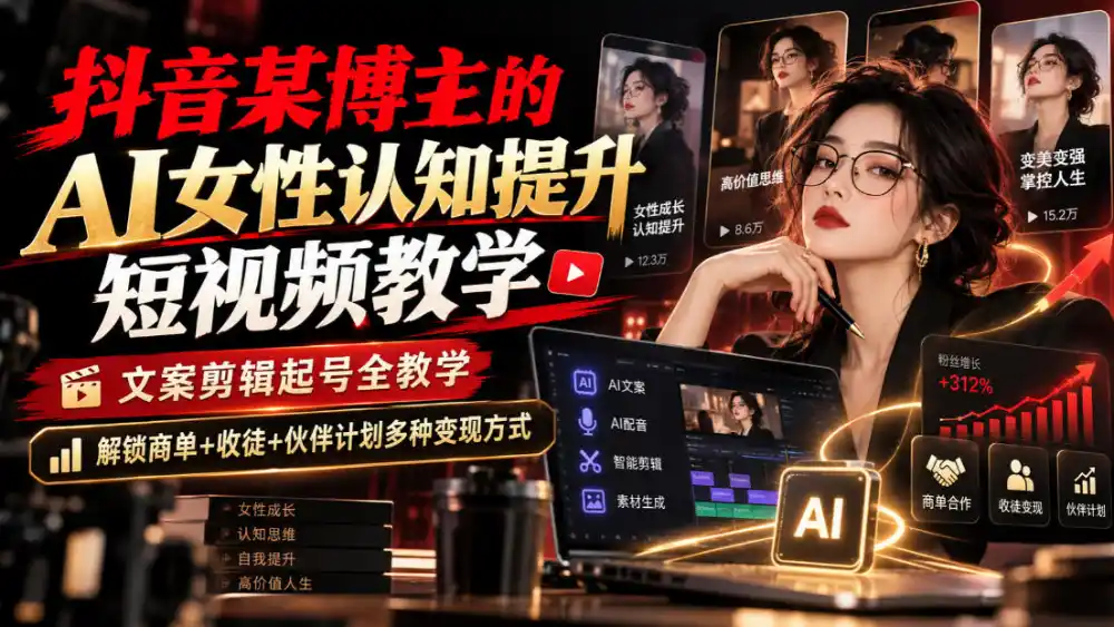 抖音某博主的Ai女性认知提升短视频教学，文案剪辑起号全教学，解锁商单+收徒+伙伴计划多种变现方式-智云副业