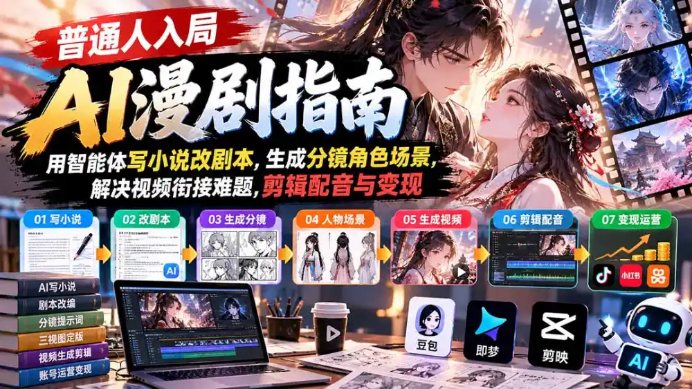 【无水印】普通人入局AI漫剧指南：用智能体写小说改剧本，生成分镜角色场景，解决视频衔接难题，剪辑配音与变现-智云副业