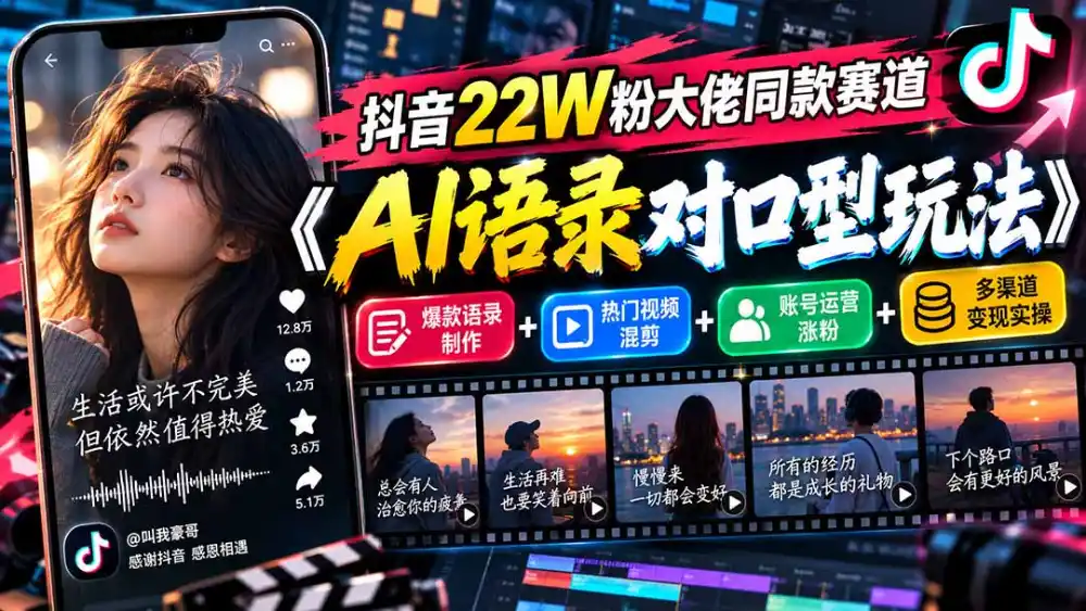 抖音22W粉大佬同款赛道《AI语录对口型玩法》：爆款语录制作+热门视频混剪+账号运营涨粉+多渠道变现实操-智云副业