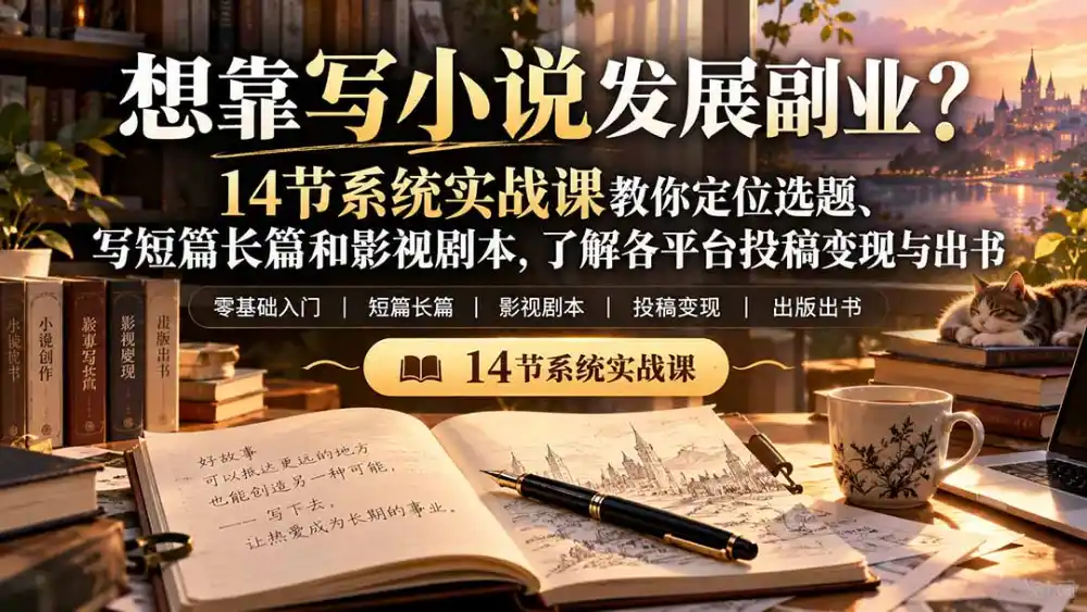 【无水印】想靠写小说发展副业？14节系统实战课教你定位选题、写短篇长篇和影视剧本，了解各平台投稿变现与出书-智云副业