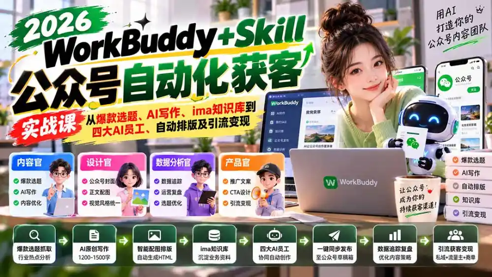 WorkBuddy + Skill公众号自动化获客实战课：从爆款选题、AI写作、ima知识库到四大AI员工、自动排版及引流变现-智云副业