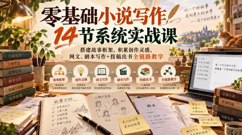 零基础小说写作14节系统实战课，搭建故事框架，积累创作灵感，网文、剧本写作+投稿出书全链路教学-智云副业