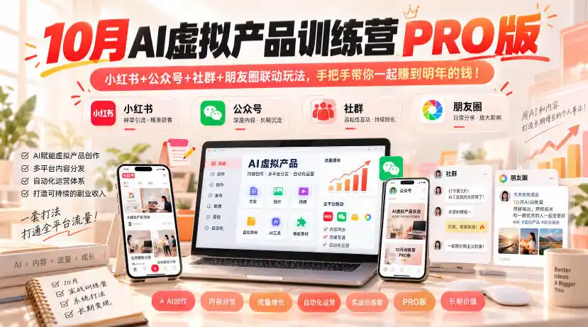 10月AI虚拟产品训练营PRO版，小红书+公众号+社群+朋友圈联动玩法，手把手带你一起赚到明年的钱！-智云副业