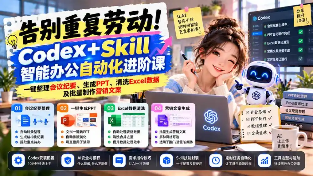 告别重复劳动！Codex+Skill智能办公自动化进阶课：一键整理会议纪要、生成PPT、清洗Excel数据及批量制作营销文案-智云副业
