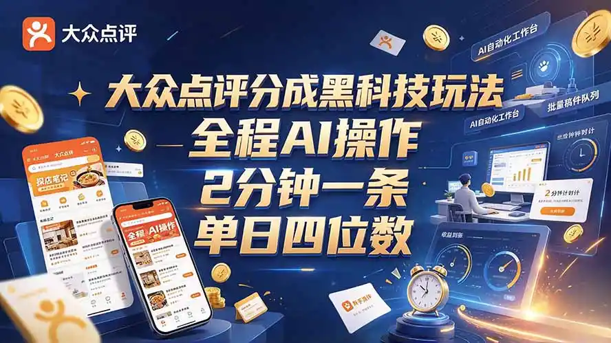 大众点评分成全网独家玩法，AI 全自动出内容，2 分钟一条，小白可冲单日四位数-智云副业