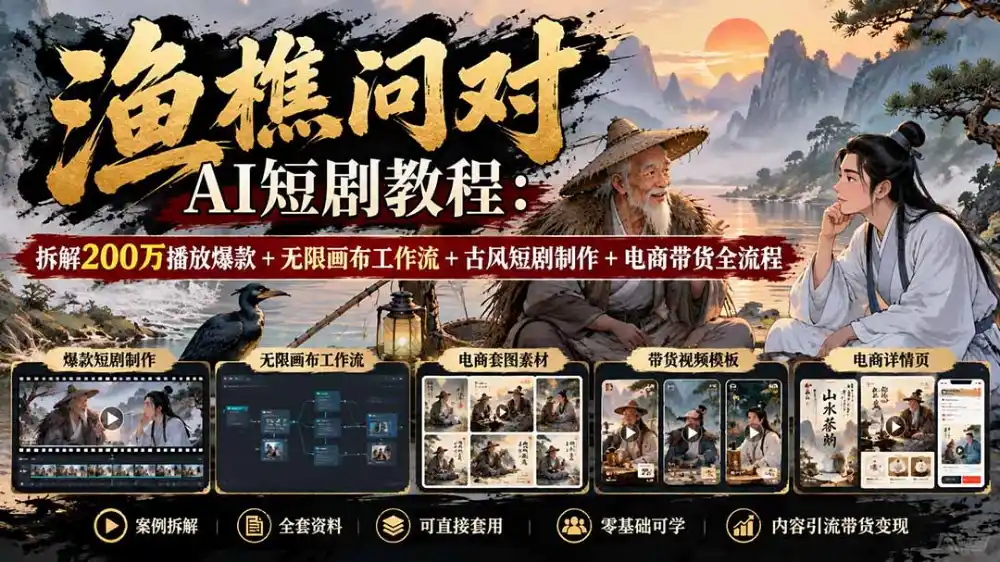 【无水印】渔樵问对AI短剧教程：拆解200万播放爆款+无限画布工作流+古风短剧制作+电商带货全流程-智云副业