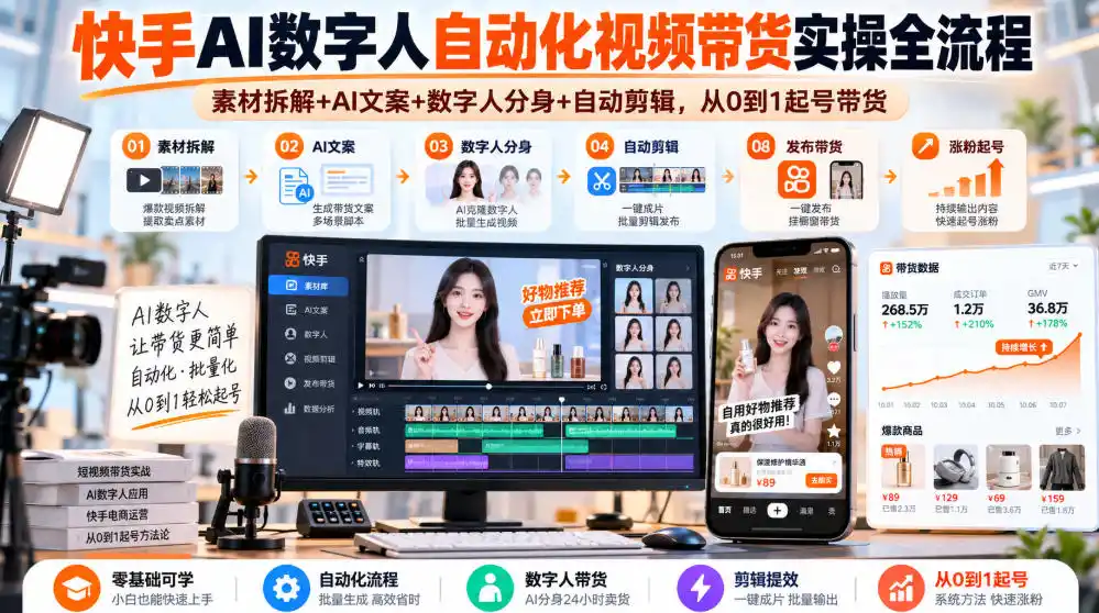 快手AI数字人自动化视频带货实操全流程｜素材拆解+AI文案+数字人分身+自动剪辑，从0到1起号带货(更新26年)-智云副业