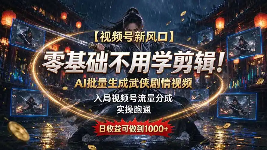 【视频号新风口】零基础不用学剪辑！AI 批量生成武侠剧情视频，入局视频号流量分成，实操跑通，日收益可做到 1000+-智云副业