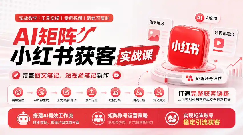 AI矩阵小红书获客实战课，覆盖图文笔记、短视频笔记制作，打通完整获客链路，搭建AI提效工作流，实现矩阵账号稳定引流获客-智云副业
