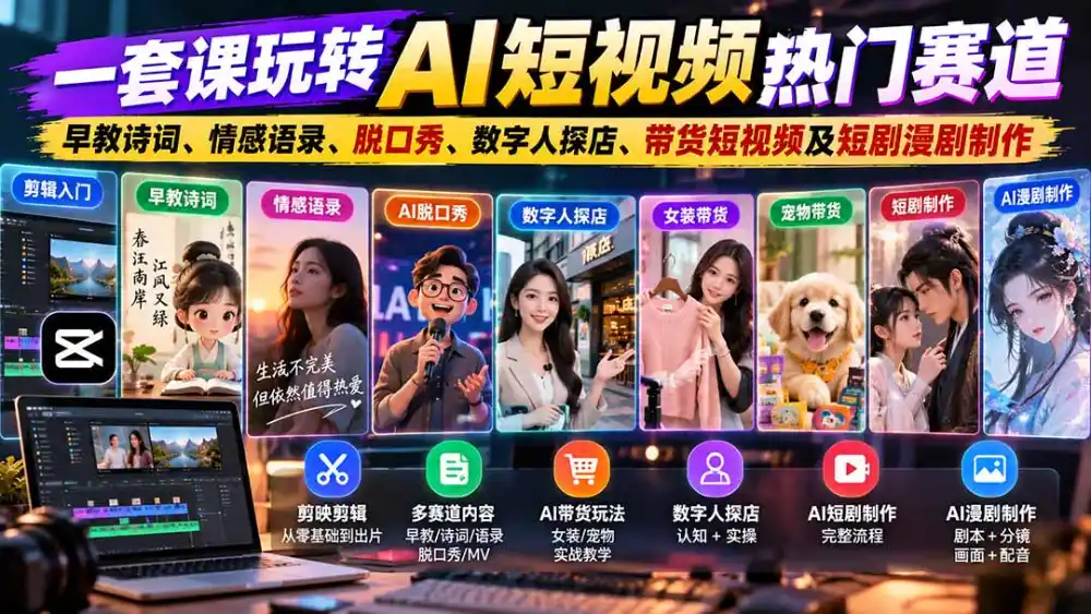 一套课玩转AI短视频热门赛道：早教诗词、情感语录、脱口秀、数字人探店、带货短视频及短剧漫剧制作 复制标题-智云副业