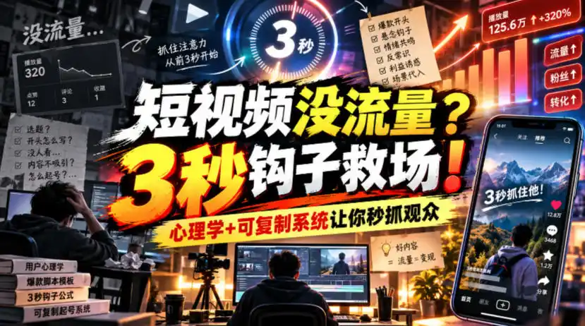 【无水印】短视频没流量？3秒钩子救场！心理学+可复制系统让你秒抓观众【原创双语字幕】-智云副业
