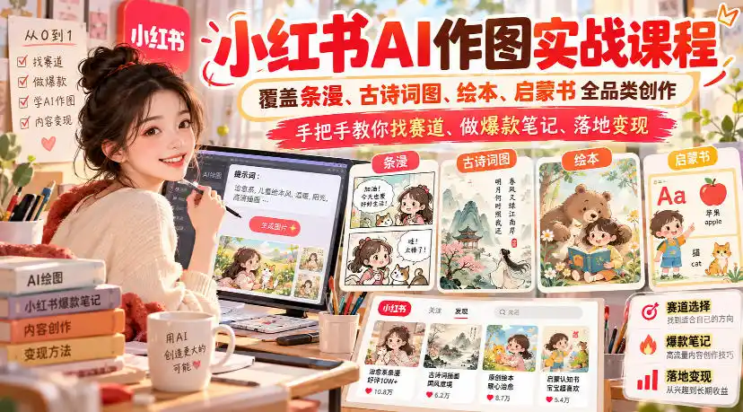 小红书AI作图实战课程，覆盖条漫、古诗词图、绘本、启蒙书全品类创作，手把手教你找赛道、做爆款笔记、落地变现(更新1017)-智云副业