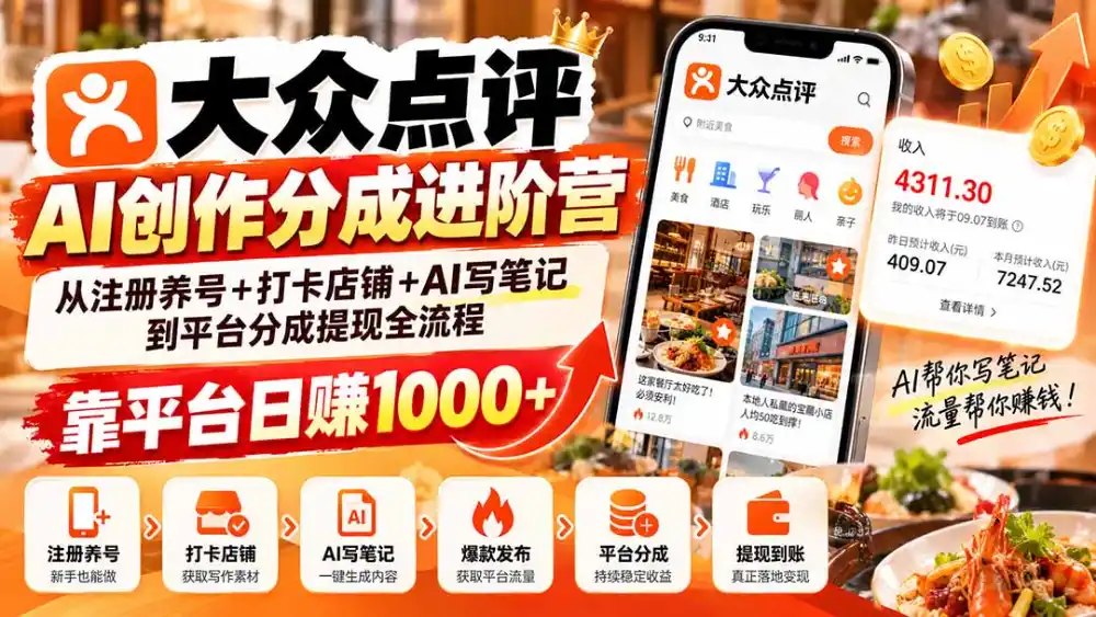 大众点评AI创作分成进阶营：从注册养号+打卡店铺+AI写笔记到平台分成提现全流程，靠平台日赚1000+-智云副业