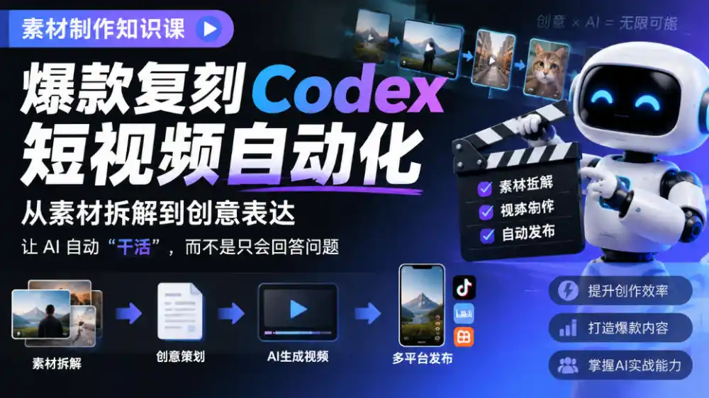 素材制作知识课，爆款复刻Codex短视频自动化，从素材拆解到创意表达，让AI自动“干活”，而不是只会回答问题-智云副业