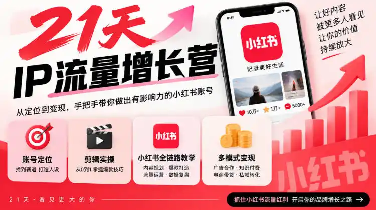 21天IP流量增长营，小红书全链路教学，账号定位剪辑实操，多模式变现系统课-智云副业