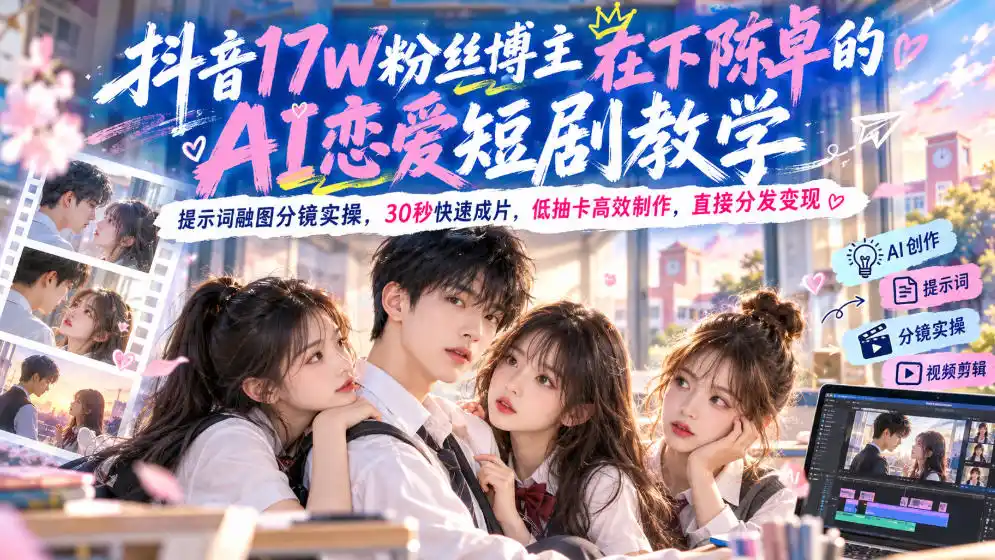 抖音17W粉丝博主在下陈卓的AI恋爱短剧教学，提示词融图分镜实操，30秒快速成片，低抽卡高效制作，直接分发变现-智云副业