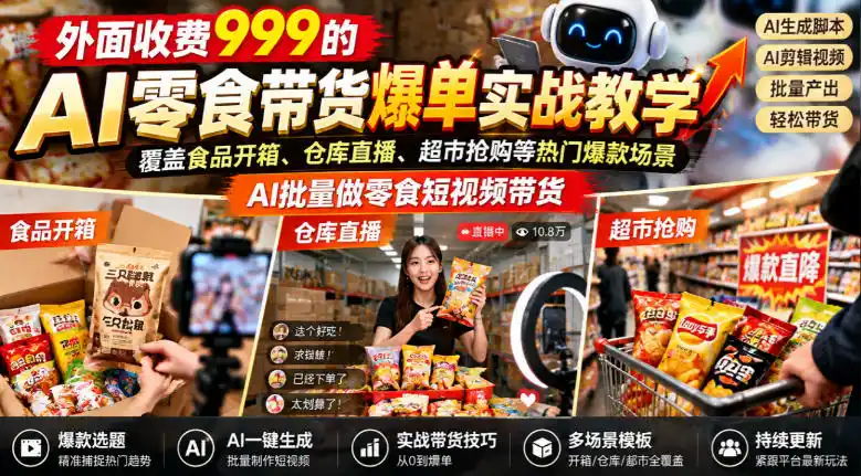 外面收费999的AI零食带货爆单实战教学，覆盖食品开箱、仓库直播、超市抢购等热门爆款场景，AI批量做零食短视频带货-智云副业