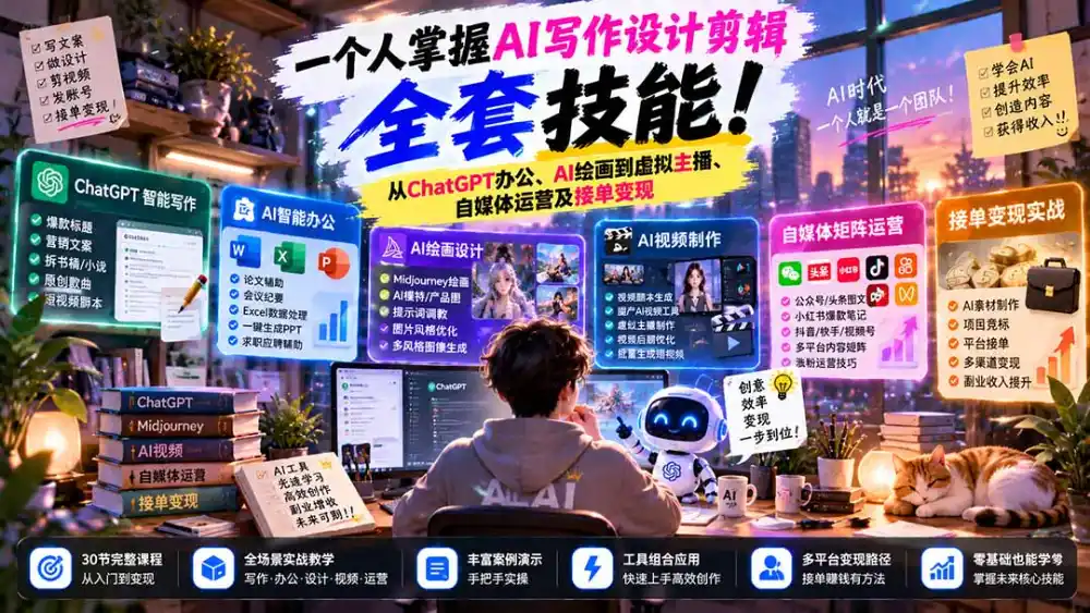 一个人掌握AI写作设计剪辑全套技能：从ChatGPT办公、AI绘画到虚拟主播、自媒体运营及接单变现-智云副业