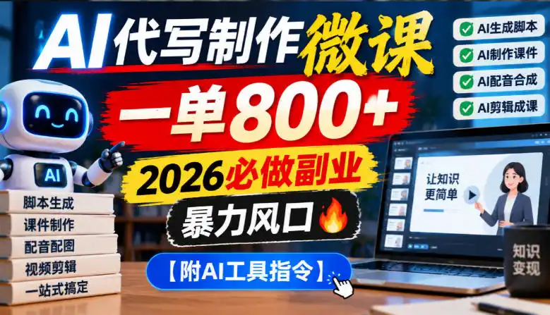 AI代写制作微课，一单800+，2026必做副业，暴力风口【附AI工具指令】【揭秘】-智云副业