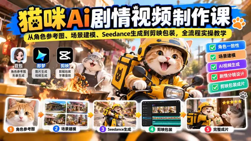 猫咪AI剧情视频制作课：从角色参考图、场景建模、Seedance生成到剪映包装，全流程实操教学-智云副业