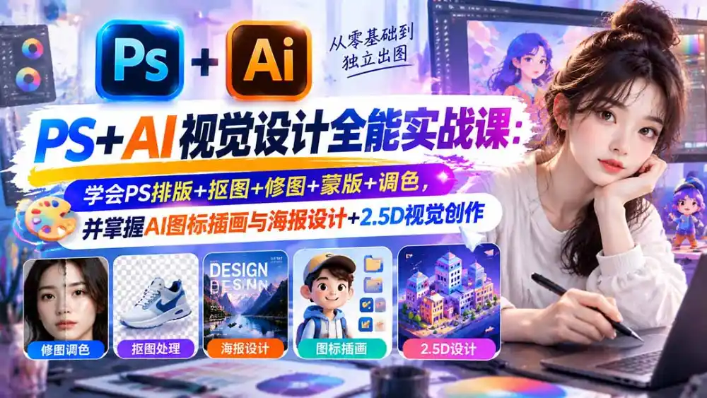 【无水印】PS+AI视觉设计全能实战课：学会PS排版+抠图+修图+蒙版+调色，并掌握AI图标插画与海报设计+2.5D视觉创作-智云副业