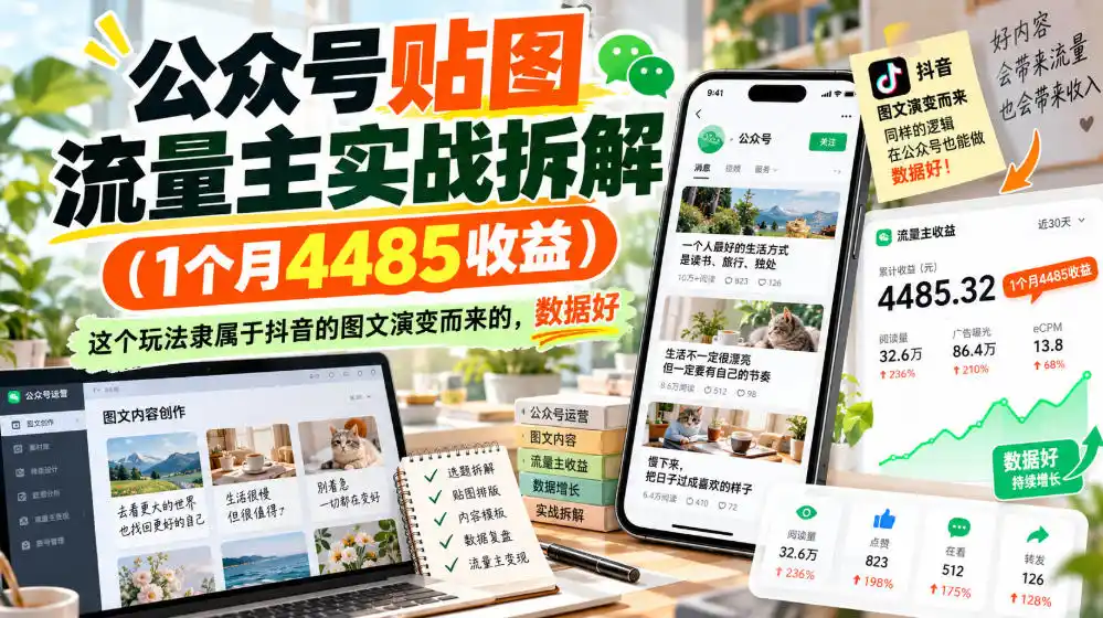 公众号贴图流量主实战拆解(1个月4485收益)，这个玩法隶属于抖音的图文演变而来的，数据好-智云副业