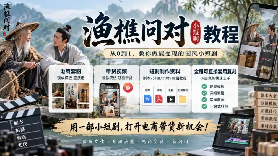 渔樵问对小短剧教程，包含电商套图、带货视频，短剧制作资料，全程可直接套用复刻-智云副业