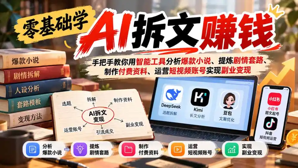 零基础学AI拆文赚钱：手把手教你用智能工具分析爆款小说、提炼剧情套路、制作付费资料、运营短视频账号实现副业变现-智云副业