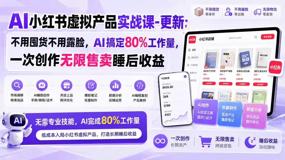 AI小红书虚拟产品实战课-更新1017：不用囤货不用露脸，AI搞定80%工作量，一次创作无限售卖睡后收益-智云副业