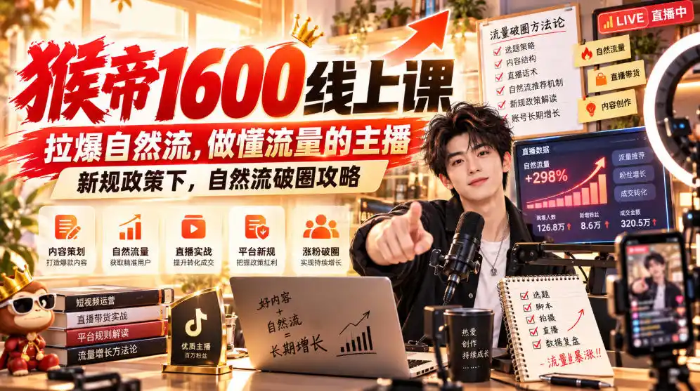 猴帝1600线上课，拉爆自然流，做懂流量的主播，新规政策下，自然流破圈攻略【更新261002】-智云副业