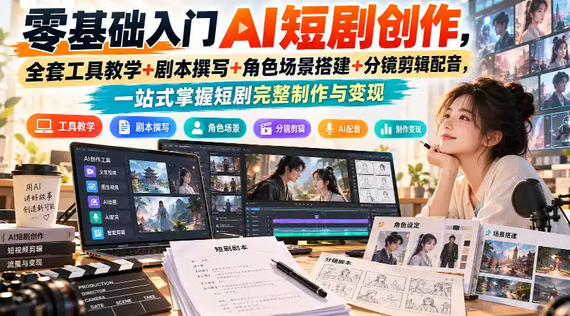 零基础入门AI短剧创作，全套工具教学+剧本撰写+角色场景搭建+分镜剪辑配音，一站式掌握短剧完整制作与变现-智云副业
