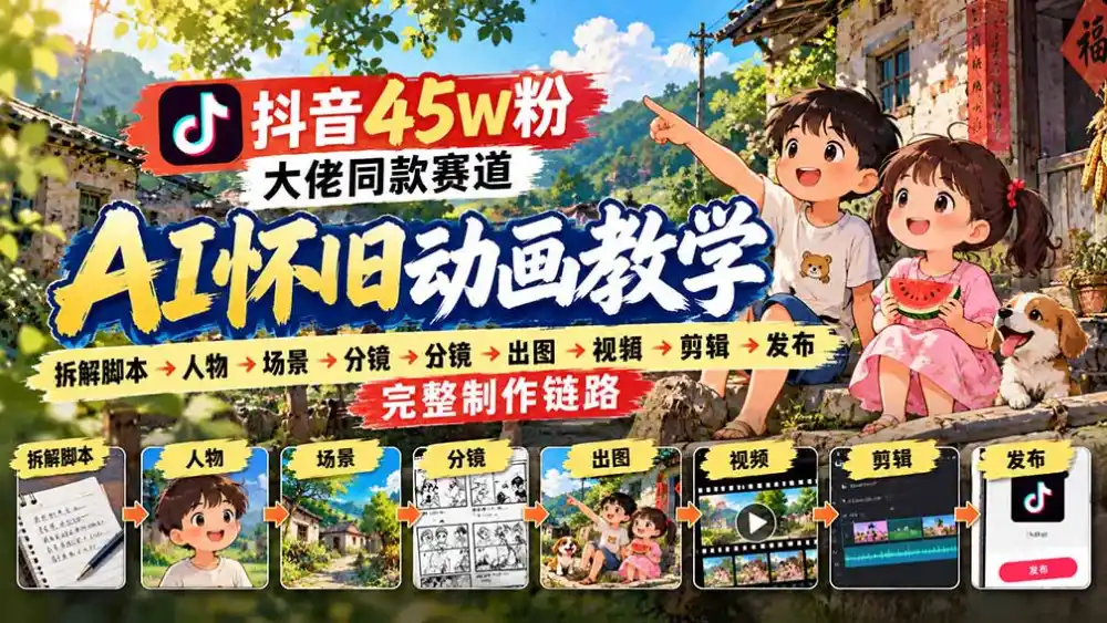 抖音45W粉大佬同款赛道AI怀旧动画教学：拆解脚本→人物→场景→分镜→出图→视频→剪辑→发布完整制作链路-智云副业