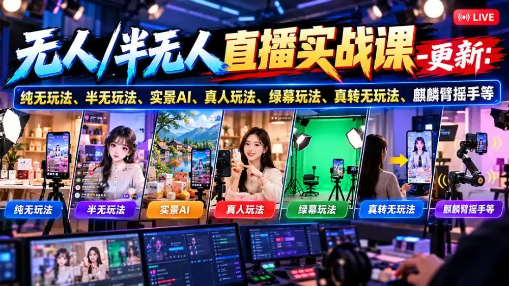 无人/半无人直播实战课-10月20更新：纯无玩法、半无玩法、实景AI、真人玩法、绿幕玩法、真转无玩法、麒麟臂摇手等-智云副业
