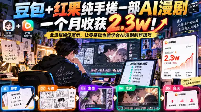 豆包+红果纯手搓一部AI漫剧一个月收获2.3w!全流程操作演示,让零基础也能学会AI漫剧制作技巧-智云副业