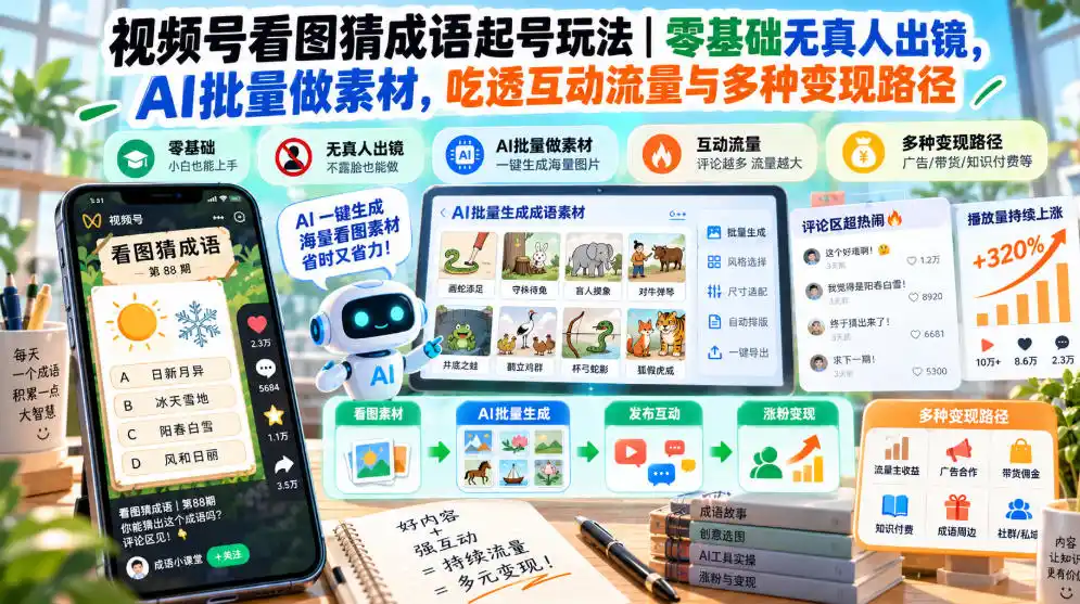 视频号看图猜成语起号玩法｜零基础无真人出镜，AI批量做素材，吃透互动流量与多种变现路径-智云副业