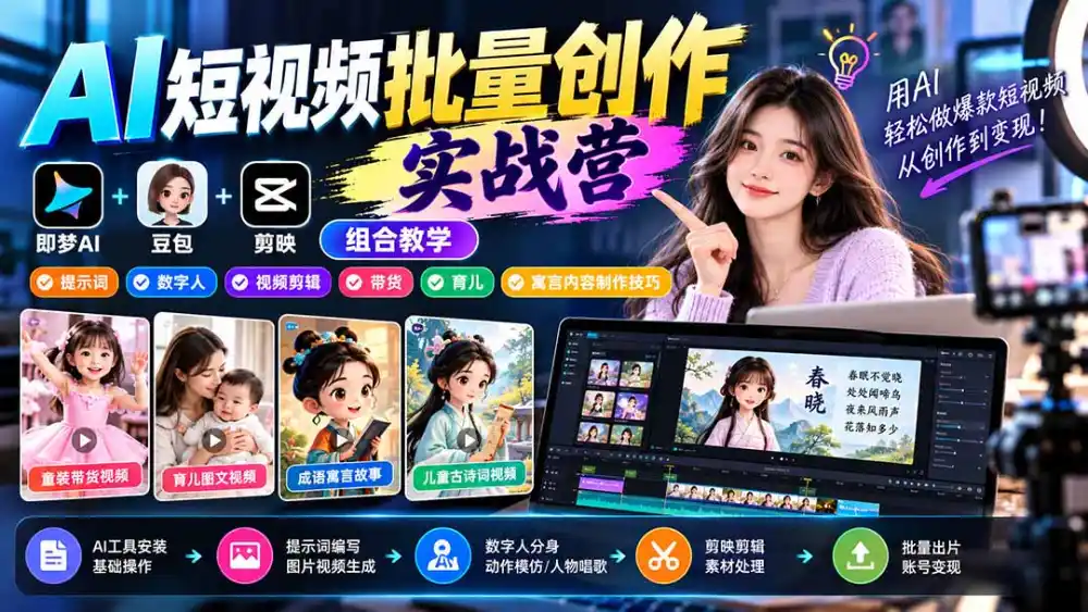 【无水印】AI短视频批量创作实战营：即梦+豆包+剪映组合教学，提示词/数字人/视频剪辑/带货/育儿/寓言内容制作技巧-智云副业