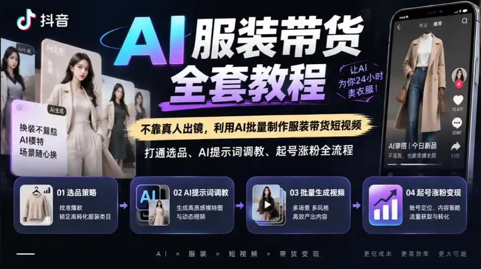 抖音AI服装带货全套教程，不靠真人出镜，利用AI批量制作服装带货短视频，打通选品、AI提示词调教、起号涨粉全流程-智云副业
