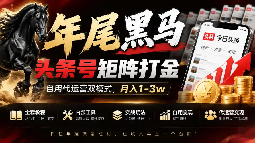 【年尾黑马】头条号矩阵打金，自用代运营双模式，月入1-3w，附全套教程及内部工具【揭秘】-智云副业