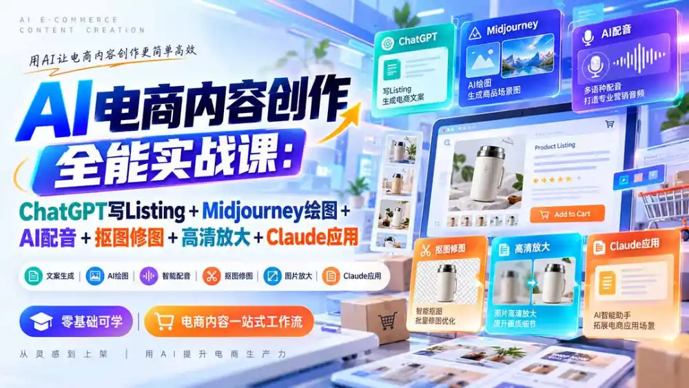 【无水印】AI电商内容创作全能实战课：ChatGPT写Listing+Midjourney绘图+AI配音+抠图修图+高清放大+Claude应用-智云副业