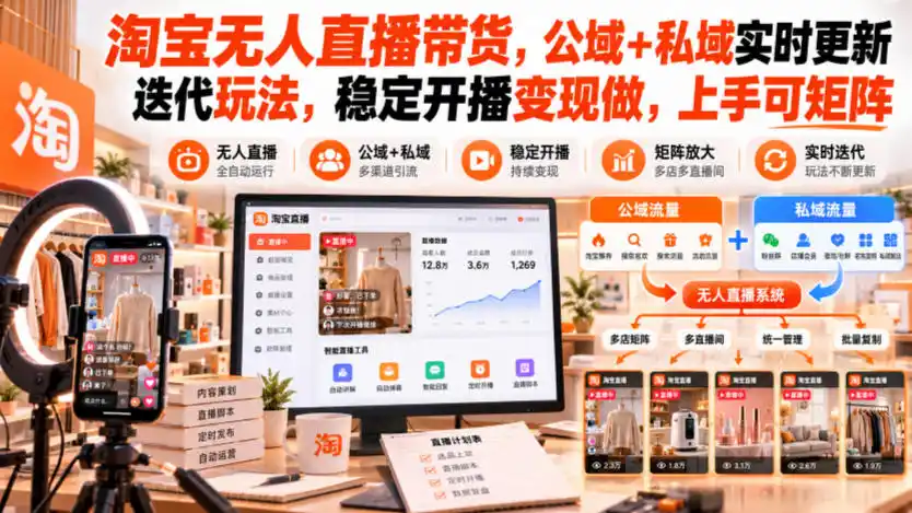 淘宝无人直播带货，公域+私域实时更新迭代玩法，稳定开播变现做，上手可矩阵【揭秘】-智云副业