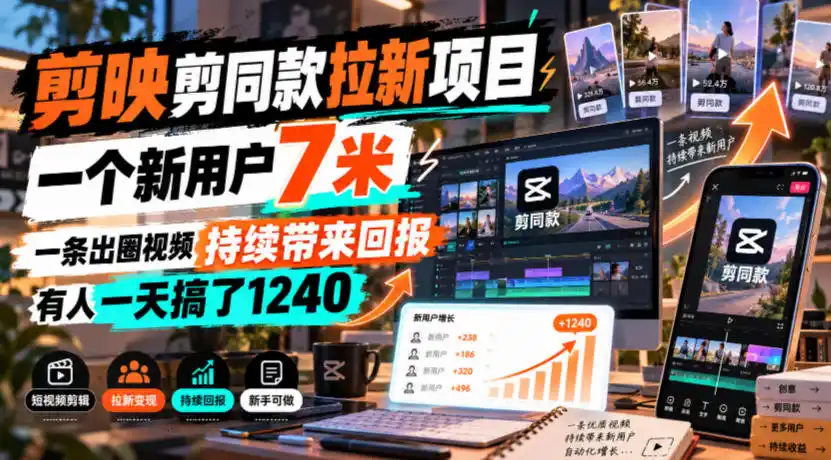 剪映剪同款拉新项目，一个新用户7米，一条出圈视频持续带来回报，有人一天搞了1240-智云副业