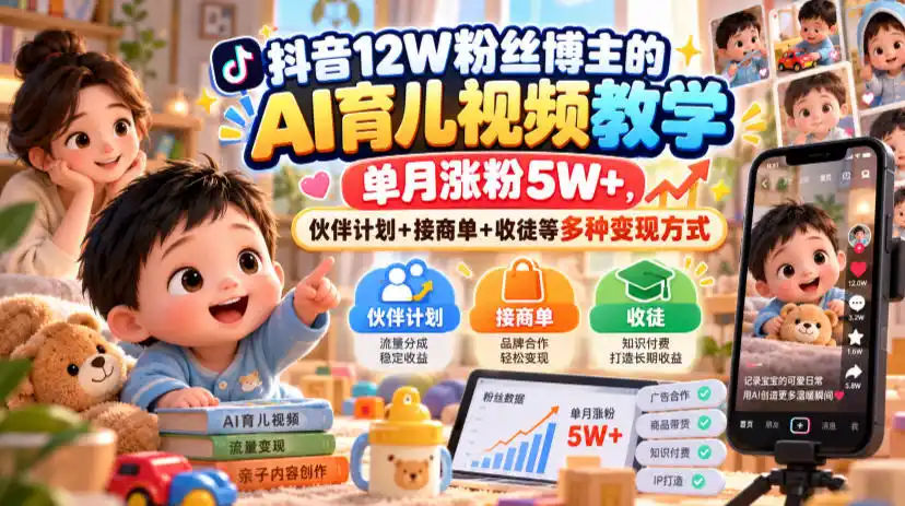 抖音12W粉丝博主的AI育儿视频教学，单月涨粉5W+，伙伴计划+接商单+收徒等多种变现方式-智云副业