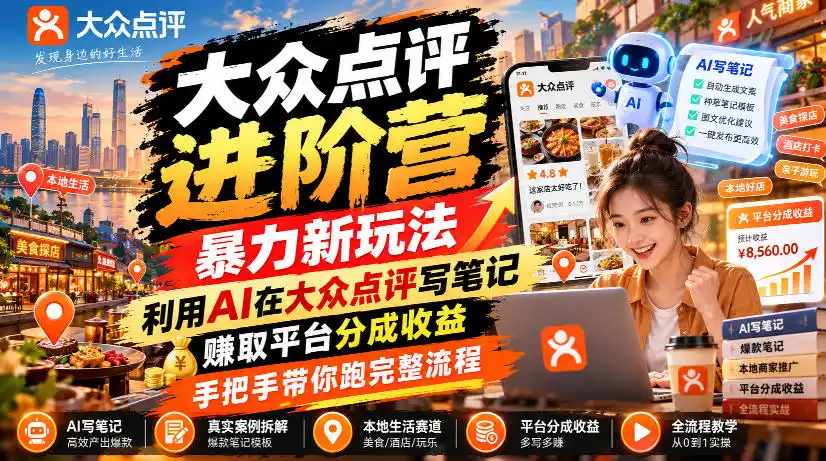 大众点评进阶营，暴力新玩法，利用AI在大众点评写笔记， 賺取平台分成收益，手把手带你跑完整流程-智云副业