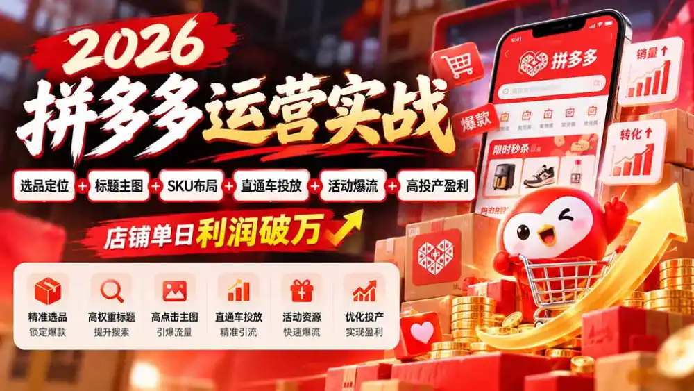 2026拼多多运营实战-更新1002：选品定位+标题主图+SKU布局+直通车投放+活动爆流+高投产盈利 店铺单日利润破万-智云副业