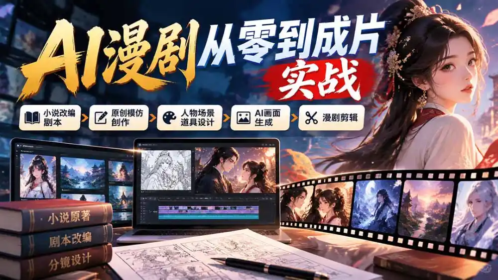 AI漫剧从零到成片实战：小说改编剧本、原创模仿创作、人物场景道具设计、AI画面生成与漫剧剪辑-智云副业