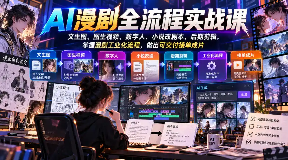 AI漫剧全流程实战课，文生图、图生视频、数字人、小说改剧本、后期剪辑，掌握漫剧工业化流程，做出可交付接单成片-智云副业
