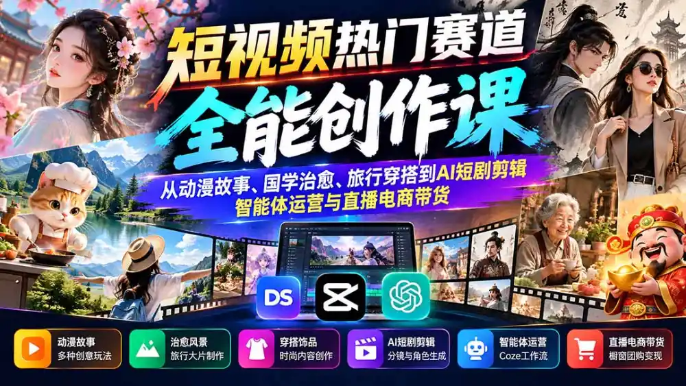 短视频热门赛道全能创作课：从动漫故事、国学治愈、旅行穿搭到AI短剧剪辑、智能体运营与直播电商带货-智云副业