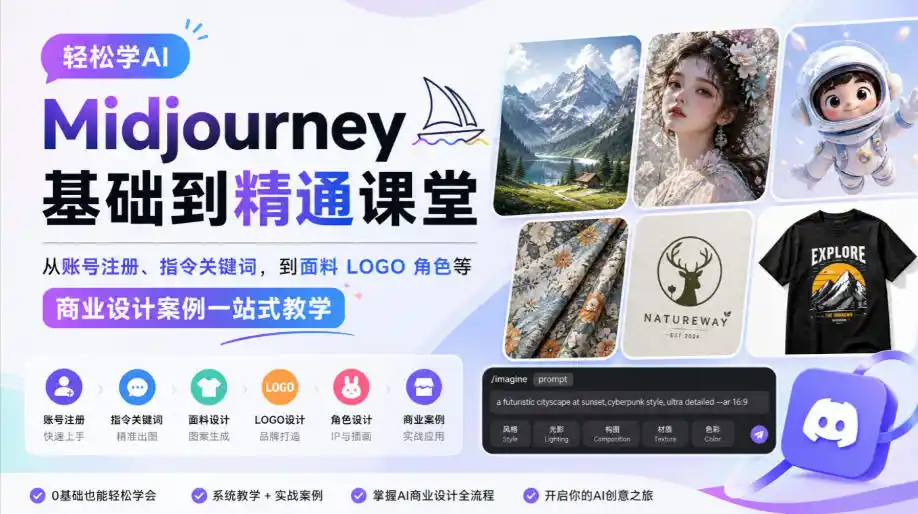 轻松学AI Midjourney基础到精通课堂，从账号注册、指令关键词，到面料LOGO角色等商业设计案例一站式教学-智云副业