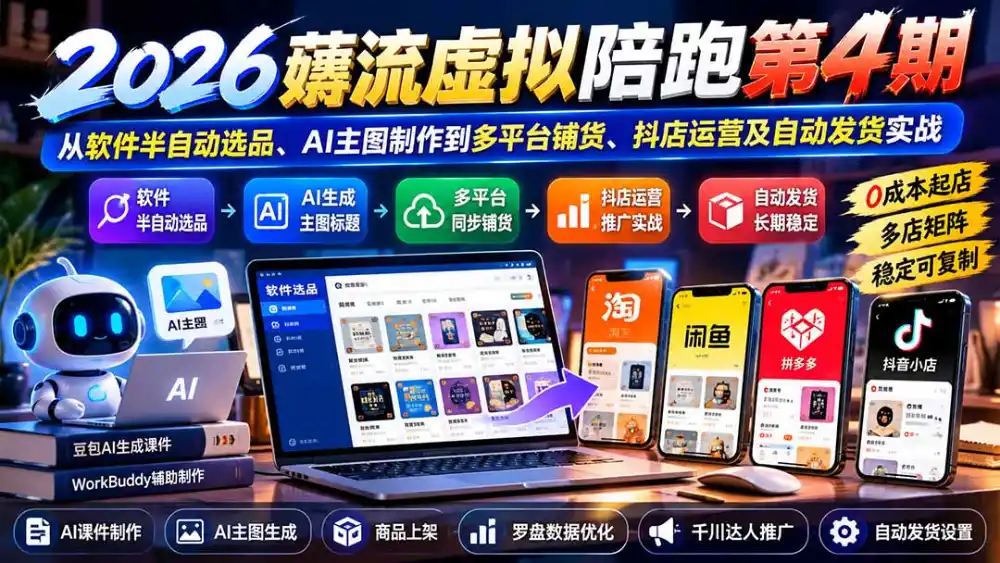 2026薅流虚拟陪跑第4期：从软件半自动选品、AI主图制作到多平台铺货、抖店运营及自动发货实战-智云副业