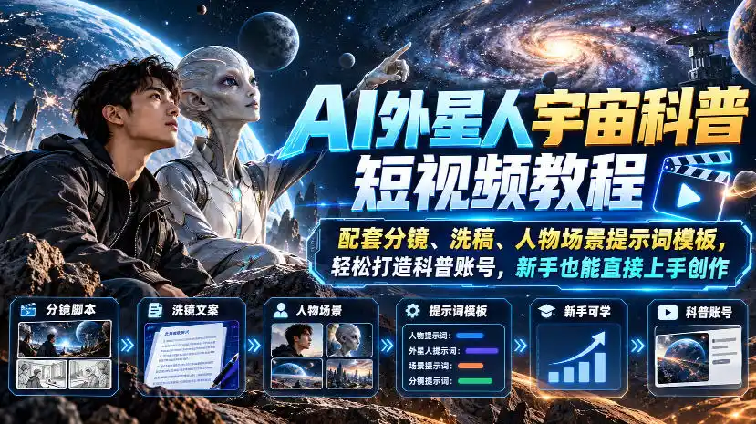 AI外星人宇宙科普短视频教程，配套分镜、洗稿、人物场景提示词模板，轻松打造科普账号，新手也能直接上手创作-智云副业